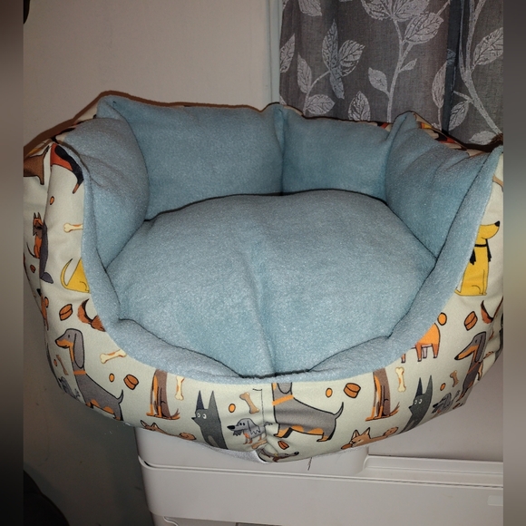 Other - Plush Light Blue Dog Bed with Cartoon Dogs Pattern